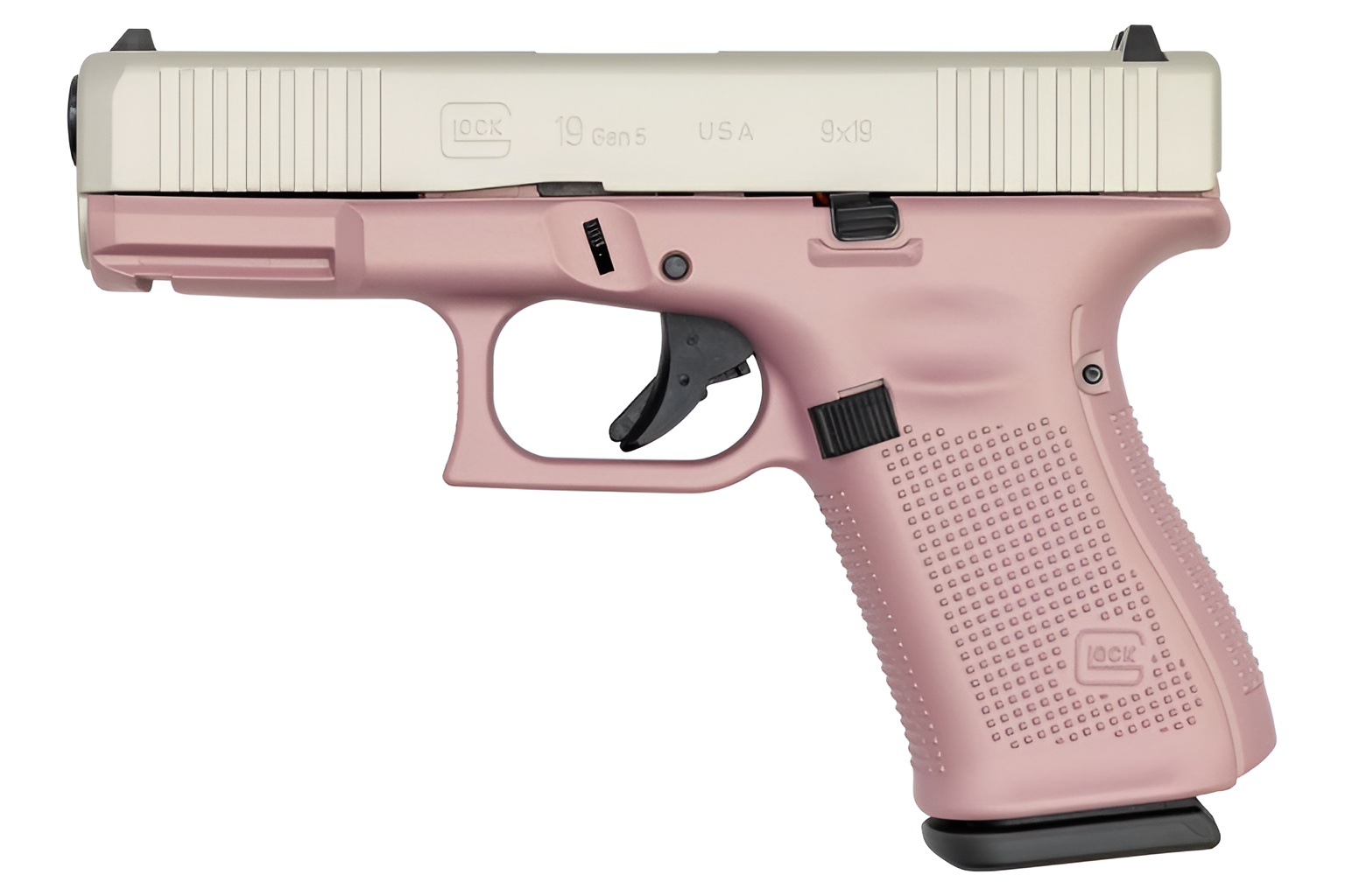 Glock 19 Gen5 9mm Pistol with Cerakote Pink Champagne Frame and Shimmering Aluminum Cerakote Slide